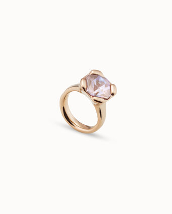 Anillo bañado en oro 18K con cristal rosa, Dorado